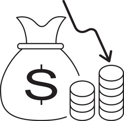 Icon of a Money Bag with Dollar Sign, Stacks of Coins, and a Downturn Arrow, Symbolizing Financial Loss, Economic Decline, and Investment Risk