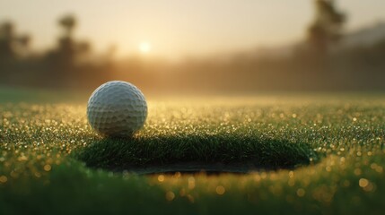Golf Ball on the Green: A golf ball sits poised at the edge of the hole on a lush, green golf course, the sun gently setting in the background creating a serene and focused mood.