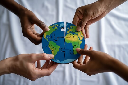 Diverse hands assembling a globe puzzle teamwork