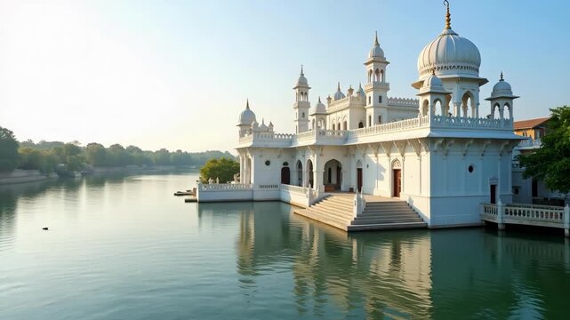 Majestic Gurdwara aerial view near sacred river banks, showcasing spiritual serenity and Guru Nanak's historical journey, stunning 4K drone footage.