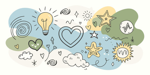 Hand Drawn Doodle Elements with Lightbulb Hearts Stars Sun and Clouds on Abstract Background for Creative Design