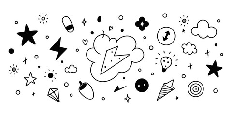 Hand Drawn Doodle Set of Abstract Elements Stars Clouds Lightning Diamond Lightbulb Arrows and Other Graphic Shapes