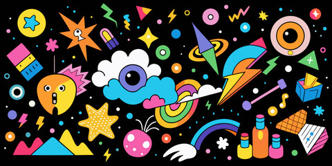 Colorful Groovy Doodle Art with Stars Rainbows and Eyes Floating on a Black Background for Creative Projects