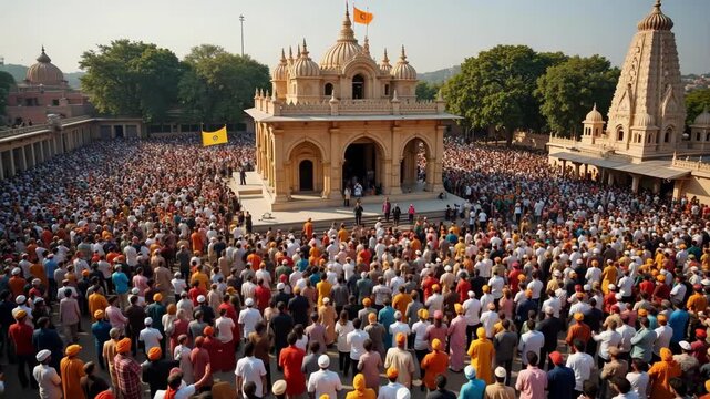 Inspiring drone view of vast crowd at Sikh temple celebrating Guru Nanak, vibrant spiritual gathering, 4K footage