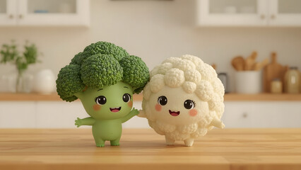 A charming cartoon broccoli and cauliflower character exuding friendliness, standing side-by-side on a wooden surface, in a joyful, animated kitchen scene. 