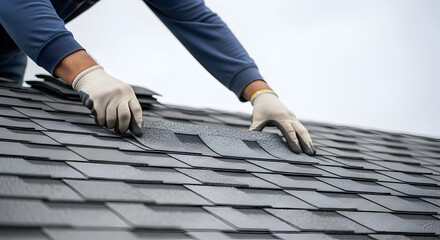 Professional Roofer's Hands Installing New Asphalt Shingles to repair roof of a Residential House. Home Improvement and Construction Project.