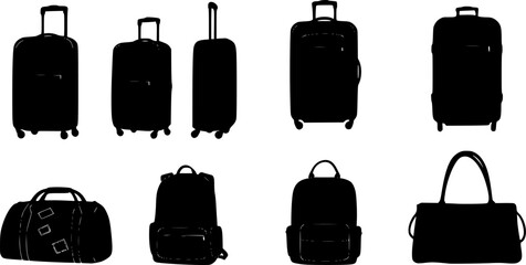 Luggage, travel silhouette icon set. suitcase, backpack, bag silhouette collection
