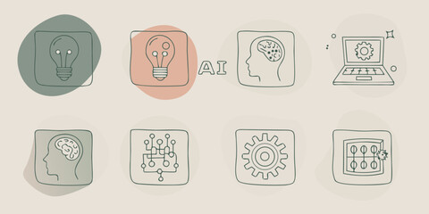Artificial Intelligence Concept with Lightbulbs Brains Circuitry and Gears in a Hand Drawn Style on a Beige Background