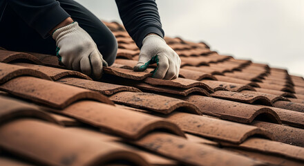 Skilled Hands Working to Repair Roof Tiles: Close-up of Home Renovation or Construction