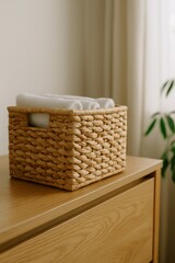 Fototapeta premium Woven Storage Basket on Wooden Floor near Curtain
