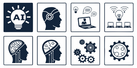 Artificial Intelligence and Machine Learning Concepts in Simple Icons Representing Technology and Innovation for Digital Transformation and Automation