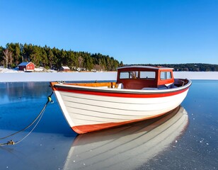Wooden boat on frozen lake, bright sunny day
