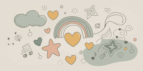 Hand Drawn Doodle Elements with Rainbow Stars Hearts Cloud and Music Notes on a Soft Neutral Background