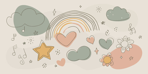 Naklejka premium Hand Drawn Rainbow Clouds Hearts and Stars on a Cream Background for a Cute and Playful Design