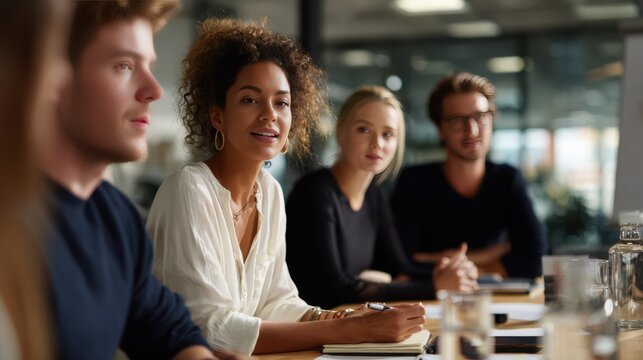 Diverse group of young professionals engaged in a business meeting in a modern office, seated around a conference table with notebooks, glasses of water, and collaborative teamwork atmosphere