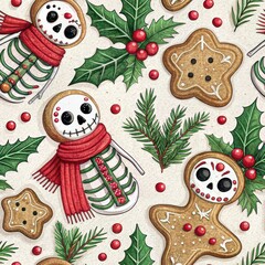 Whimsical seamless pattern featuring spooky gingerbread skeleton cookies, holly, berries, pine branches, and festive decorations with a gothic twist.