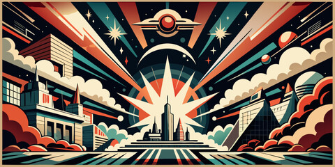Retro Futuristic Cityscape with Flying Saucer and Bursting Star a Vibrant and Dynamic Art Deco Inspired Illustration © NAYON89