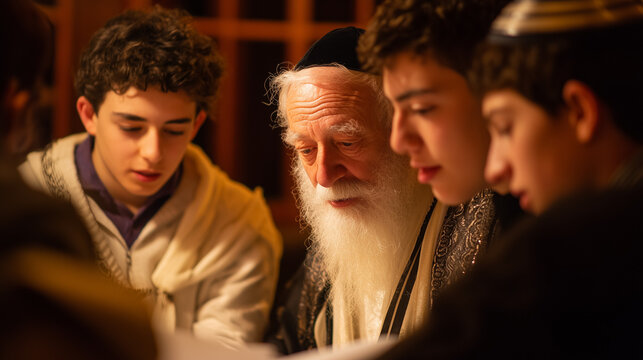 Jewish Slichot Prayers, elder rabbi chanting midnight prayers, surrounded by students, warm synagogue lighting, 