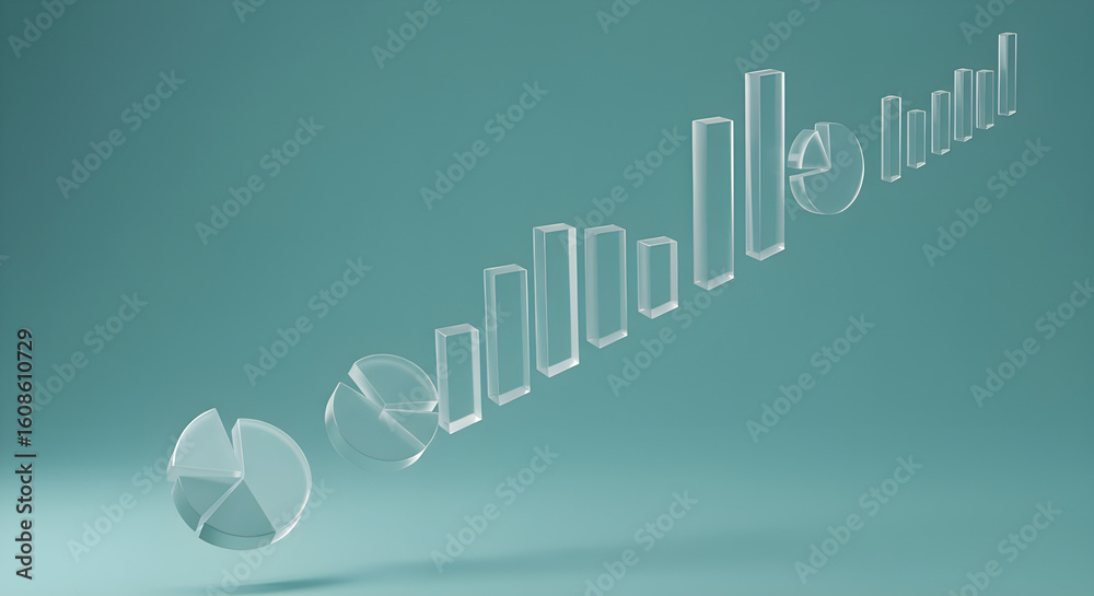 Fototapete 3d rendered business data visualization pie chart bar graph on teal background