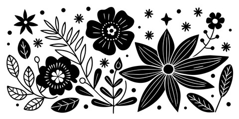 Fototapeta premium Elegant Black and White Floral Arrangement with Various Flower Types and Leafy Branches Isolated on White Background