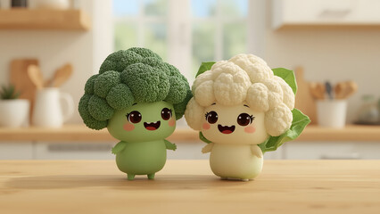 Two adorable and cheerful vegetable characters, a broccoli and a cauliflower, stand side-by-side. Both are designed with friendly, kawaii-style features.