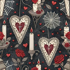 Dark romantic seamless pattern featuring vintage lace hearts, red roses, candles, spiderwebs, and gothic decor on textured black background.