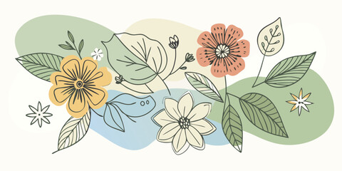 Elegant Floral Illustration with Pastel Background Shapes and Delicate Line Art Flowers and Leaves for Springtime Designs