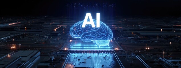 Futuristic cityscape with glowing AI brain