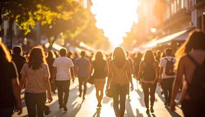 Busy city street at sunset