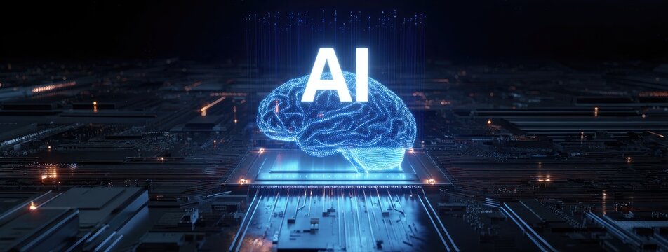 Futuristic cityscape with glowing AI brain