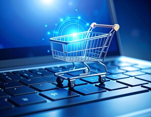A miniature shopping cart rests on a laptop keyboard, overlaid with a digital graphic of glowing circles.  The laptop's display shows a blurred, blue background.  The image suggests online shopping