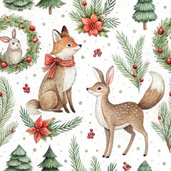 Charming seamless watercolor pattern with fox, rabbit, and deer surrounded by Christmas trees, wreaths, poinsettias, and pine branches.