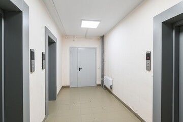 hallway with two elevator doors, a closed metal door, and a tiled floor. The walls are light-colored, and a square light fixture is on the ceiling