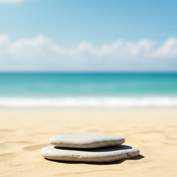 A stack of balanced stones on a sandy beach, with gentle waves lapping in the background.