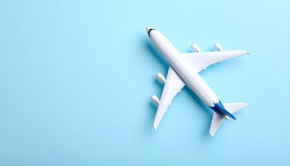 A white airplane model with blue accents rests against a textured sky-blue backdrop&mdash;evoking flight, wanderlust, and dreamy aerial exploration in soft minimal style.