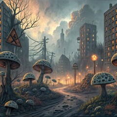 Fantasy apocalyptic scene with abandoned skyscrapers, dead trees, and massive glowing mushrooms overtaking a ruined, misty urban wasteland.