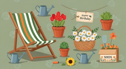 Obraz premium Relaxing garden scene with deck chair and flowers