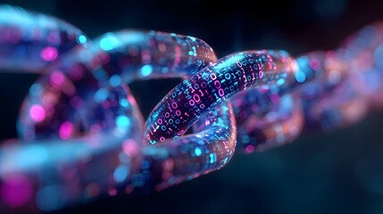 Dynamic digital chain links shimmer with glowing binary code, representing secure technology and innovation.