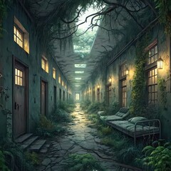 Deserted hospital hallway overtaken by lush vegetation, cracked floors, old beds, and soft light filtering through broken skylights.