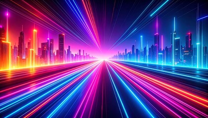 Futuristic city highway with neon light streaks