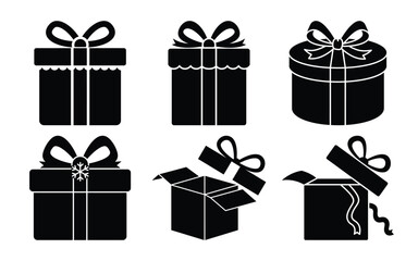 A set of black gift box silhouettes with ribbons and bows, including open boxes, isolated on white background, perfect for festive designs
