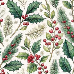 Seamless festive botanical pattern with watercolor holly leaves, red berries, pine needles, and subtle snowflakes on a light background.
