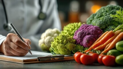 Nutritionist writing diet plan with fresh vegetables on the table, promoting healthy eating and lifestyle.
