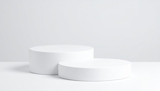 Two white cylindrical platforms in staggered heights on a white surface—evoking minimal structure, layered elevation, and sculptural design harmony.