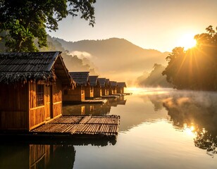 Wooden cabins on a serene river at sunrise