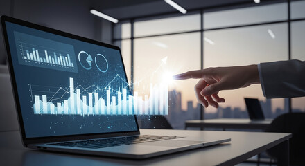 Businessperson touching holographic financial data chart with growth arrow on laptop screen in a modern office