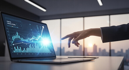 Businessman's hand touching a futuristic data analysis dashboard with a glowing growth chart on a laptop in a modern office