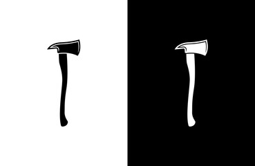 A firefighter's axe, illustrated in black and white, displayed on contrasting backgrounds.