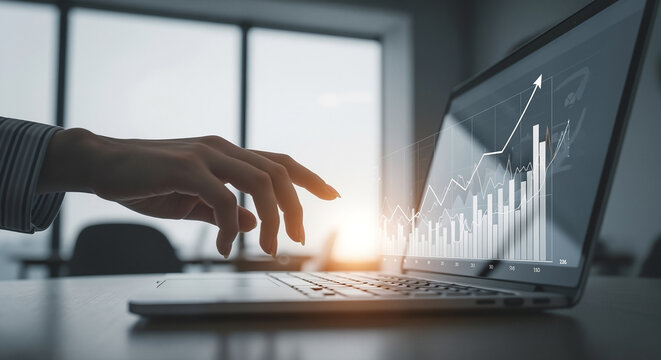 Businesswoman analyzing financial data on a laptop with a glowing growth chart and upward arrow in a modern office