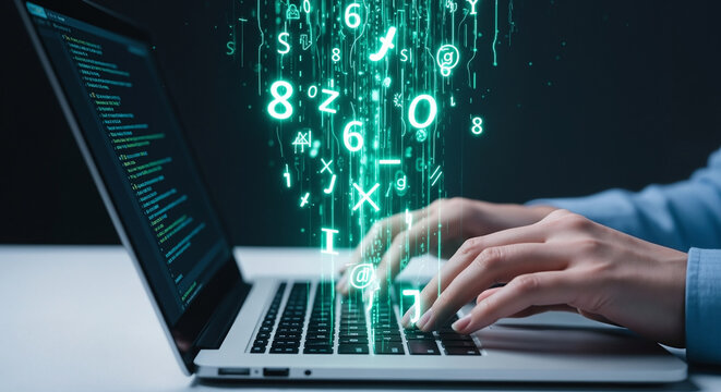 Developer hands typing on a laptop keyboard with a futuristic green glowing data stream of code and numbers